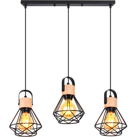 Suspension Luminaire Rétro 3 Lumières Lampe À Suspension Vintage Plafonnier D'Intérieur Moderne En Métal Et En Bois Noir (1/4)