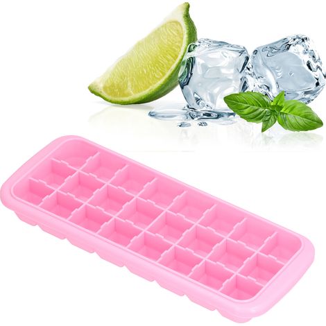 Bac à glaçons à 24 compartiments avec couvercle, en silicone alimentaire, rose. Idéal pour la maison ou le bar. (1/5)
