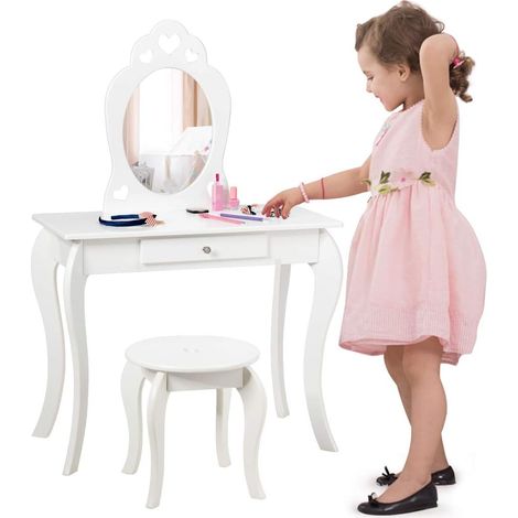COSTWAY Set Toeletta e Sedia per Bambine - Specchio e Cassetto, Toletta Trucco 2 in 1 con Superficie Smontabile, 70 x 34 x 105 cm, Bianco (1/5)