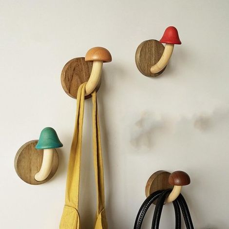 Kleiderhaken Pilzförmige Kleiderhaken aus Holz Wandhaken in Pilzform Für Mäntel Hüte Handtücher Taschen Inklusive Schrauben Massivholz 4 Stück (1/4)