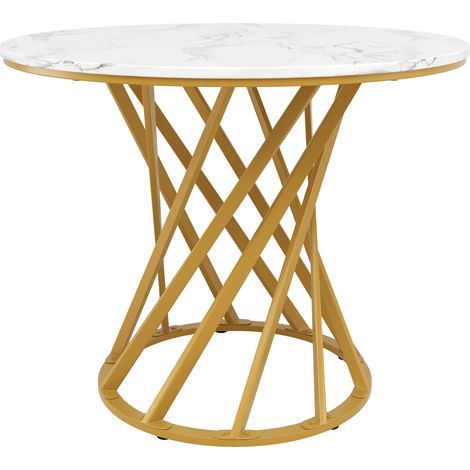 Tavolo rotondo da pranzo 80 x 80 x 76 cm in MDF e metallo, piano effetto marmo bianco, gambe dorate (1/5)