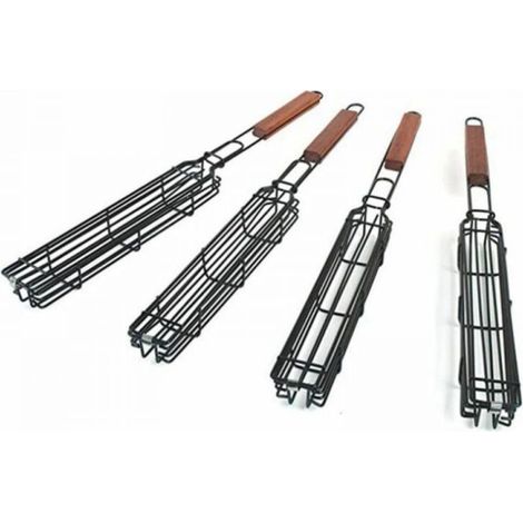 Lot de 4 paniers de barbecue avec grille verrouillable à long manche en bois - Antiadhésifs - En acier inoxydable - Pour barbecue,poissons,légumes,saucisses,oignons (1/5)