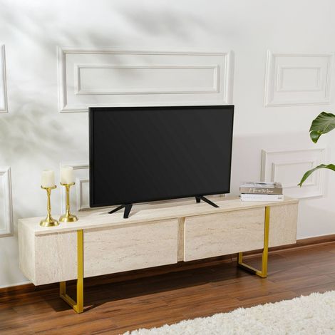 Dmora - Fernsehschrank Lilith, Ständer für Wohnzimmerfernseher, Niedriges Wohnzimmer-Sideboard, TV-Ständerbasis, 180x30 h50 cm, Beige und Gold (1/5)
