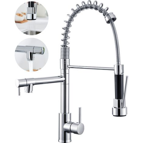 Auralum Grifo de cocina con muelle Cromo, 2 salidas de agua, 2 Modos de extraíble y Fijo, Giratorio 360° Grifo de Fregadero, Mezclador de Cocina para Agua Fria y Caliente (1/5)