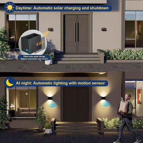 Lampe Solaire Murale Exterieur Detecteur de Mouvement, Haut & Bas Applique Solaire Exterieur, 1500mAh Lumière Murale Étanche Sans Fil, 3 Modes Lumière Sécurité pour Jardin Clôture Lot de 2 (1/5)