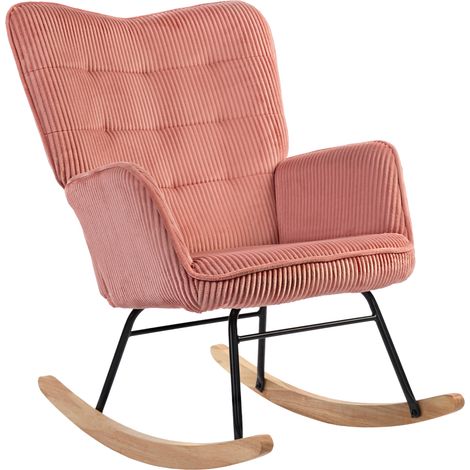 Silla mecedora de terciopelo canalé rosa con reposabrazos y base de madera, 98 x 71 x 101 cm (1/5)