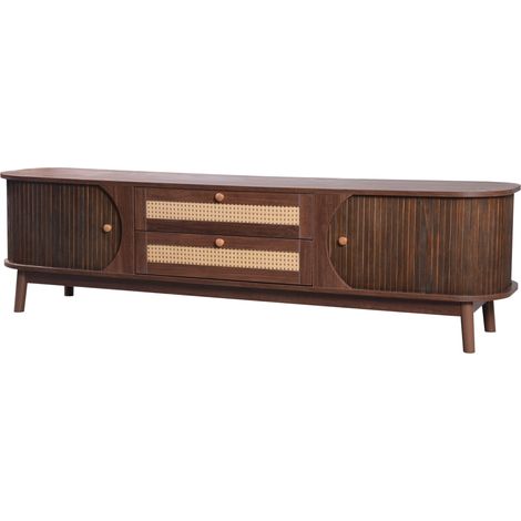 Mueble de TV de MDF color natural con puertas y cajones de ratán 170 x 39,5 x 46 cm (1/5)