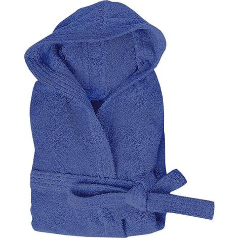 Peignoir Eponge 100% Coton Couleur Unie Doux Homme Femme Ceinture Poches Capuche Bleu - XL