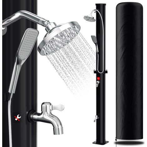 Randaco Solardusche 35 Liter mit Standsäule in Schwarz – Komplettset inkl. Abdeckhaube, Handbrause & Drain Stop (Gartendusche, Pooldusche)