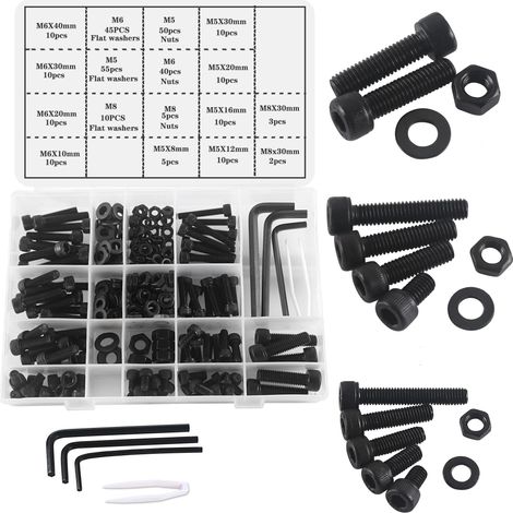 Jeu de Vis Boulons et Écrous M5 M6 M8 Kit de vis à Tête Cylindrique Noire à Boulons et Écrous,Fermeture de Vis à Six Pans Creux pour Machine à Fileter 295pièces (1/5)