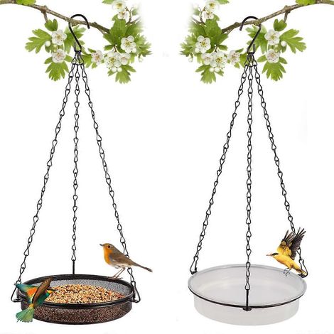 Ensemble 2 en 1 : mangeoire et bain d'oiseaux suspendus pour l'extérieur, petit plateau en métal idéal pour attirer les oiseaux. (1/5)