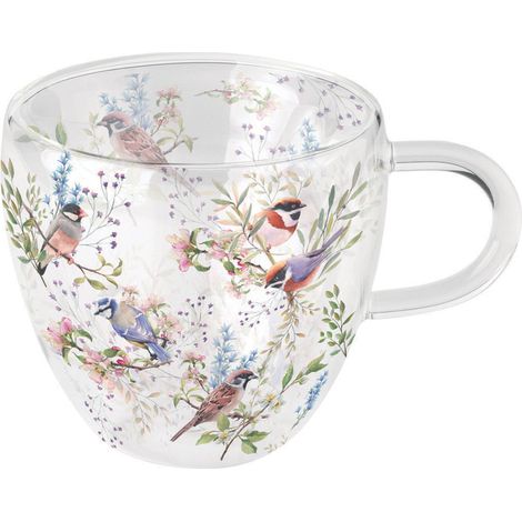 Tasse à thé en verre double paroi oiseaux et branches fleuries
