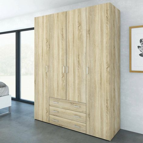 Dmora Armoire à quatre portes et trois tiroirs, couleur chêne, 154 x 59 x h200 cm