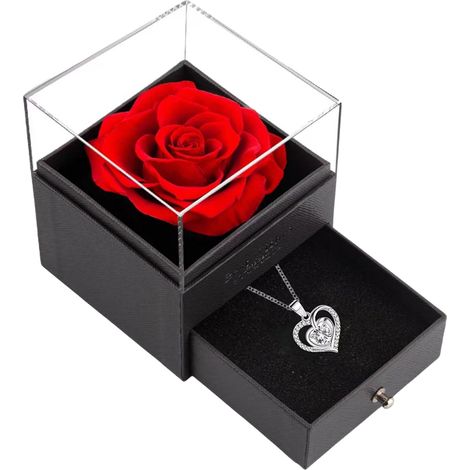 1 bouquet de roses stabilisées avec pendentif cœur, coffret cadeau élégant, idéal pour anniversaire, fête des mères, Noël (1/5)