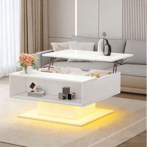 Mesa de centro elevable blanca 80x75x40 cm con LED y almacenamiento MEUBLIV (1/5)
