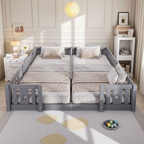 Cama infantil doble 180x200 cm de madera maciza de pino - Cama con barrotes de estrellas con somier de lamas - Cama de diseño infantil moderna gris