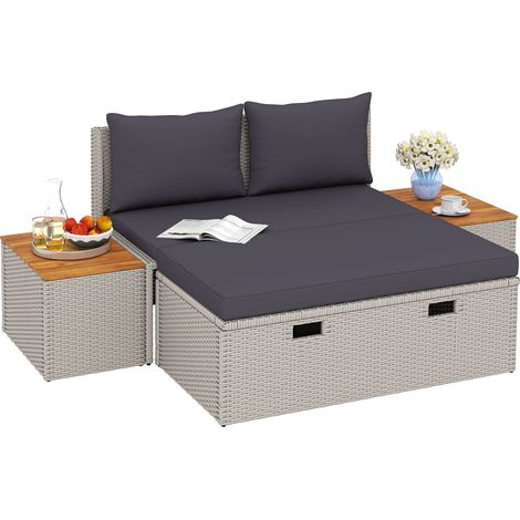 Bain de soleil 2 places en polyrotin, chaise longue double avec repose-pieds, espace de rangement, coussins, 125 x 114 x 72,5 cm, gris (1/5)