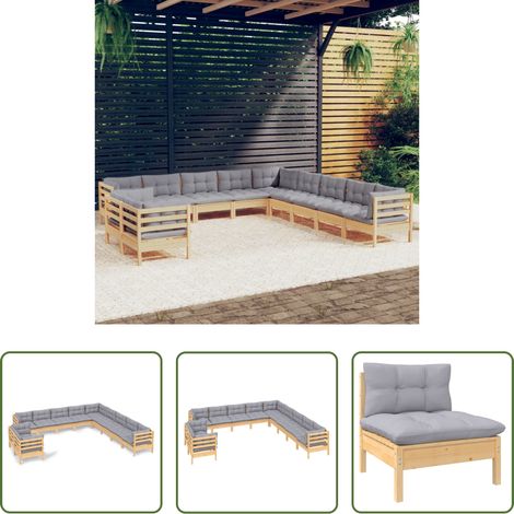 Terrassensofa - 11-tlg. Garten-Lounge-Set mit Grauen Kissen Massivholz Kiefer (1/5)