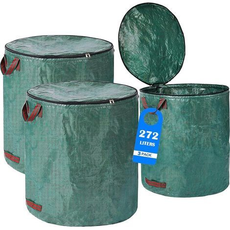Lot de 3-Sac Jardinage Dechets avec Couvercle 272L - 4 Poignées Indéchirables, Sac Dechet Vert Reutisable et Pliable - Sac Jardin Polypropylène Robuste (1/4)