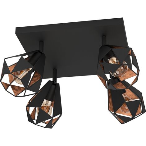 EGLO Deckenlampe Carlton 7, Deckenleuchte mit 4 Spots, Spotbalken Vintage, Industrial, Retro, Wohnzimmerlampe aus Stahl in Schwarz und Kupfer, Lampe Decke mit E27 Fassung