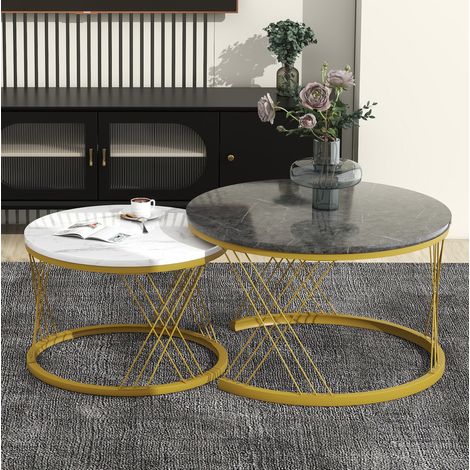 Couchtisch-Set 2-teilig aus MDF in Grau mit Marmoroptik, runde Satztische mit goldenem Metallgestell (1/5)