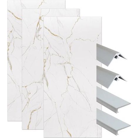 ONDEE ZEN - Pack montage 3 panneaux muraux en niche - marbre blanc mat 120 cm - profilés chromés
