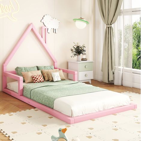 Lit enfant cabane 90x200 en pin et MDF rose HAVRYA (1/5)