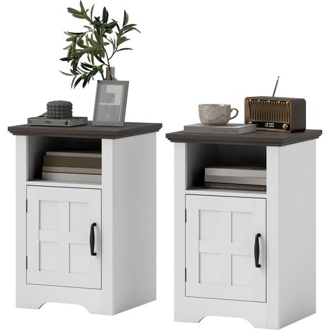 Tables de chevet rustiques, guéridons avec porte et étagère style grange, 40 x 35 x 60 cm, blanc et marron (1/5)