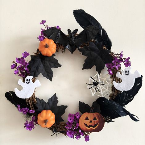 Couronne vigne Halloween corbeau fantôme citrouille feuilles noires 30×30 cm, décoration murale et porte