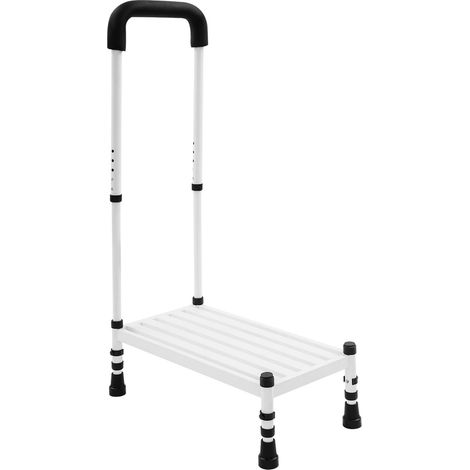 Marchepied avec rampe réglable blanc – Hauteur 89-99 cm, large plateau antidérapant, pieds caoutchouc – Pour personnes âgées et à mobilité réduite