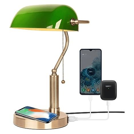 JCPYIUL Tischleuchte Vintage, grüne Banklampe mit drahtlosem Laden und USB-Anschluss, Vintage-Stil-Tischleuchte für Dekoration(Ohne Glühbirne) (1/5)