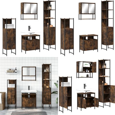 4-tlg. Badmöbel-Set Räuchereiche Holzwerkstoff - Spiegelschrank - Waschbeckenunterstuhl (1/5)