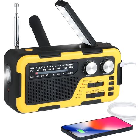 Radio portable 2000mAh, fréquences AM/FM/WB Manivelle, radio solaire, SOS, avec torche LED et lampe de lecture, batterie externe rechargeable, pour camping radio extérieur - jaune, 1pc (1/5)