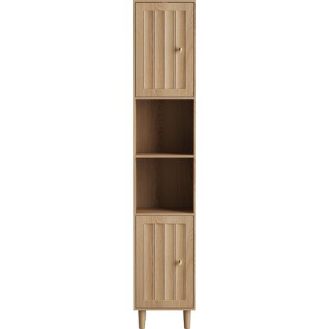 ELVMI Badezimmerschrank mit 2 Türen und Offenen Regalen, Goldfarbenen Griffen, aus MDF, Eiche, 32 x 30 x 169 cm (1/5)