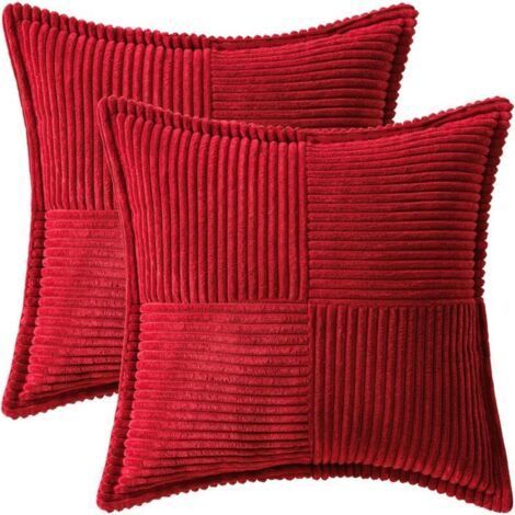 Decorative Cushion Covers for Sofa Bed Living Room, 35x35cm, Set of 2, Burgundy Red Bohemian Decorative Throw Pillows, Soft Corduroy Side Striped Pillowcases (1/5)