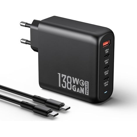 138W Chargeur USB C Rapide, 4 Ports PD 3.0 GaN Adaptateur Type C avec Câble 100W pour MacBook Pro/Air, Dell XPS 15, iPhone 16/15, iPad Pro, Google Pixel, Samsung Galaxy S24/S23/S22, Steam Deck (1/5)