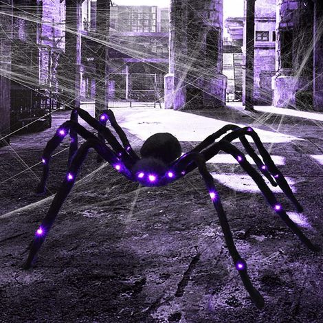 Araignée Halloween LED - 75 cm - Décoration Festive Effrayante pour Jardin Intérieur Extérieur - Araignée Géante Réaliste avec Yeux Violet Lumineux - 1 pièce