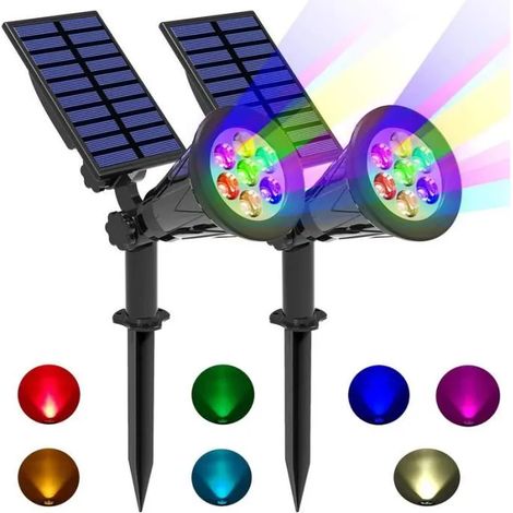 Spot Solaire Extérieur, 2pcs Projecteur solaire 7 LED colorées ,Étanche Extérieur Lampe Jardin, Éclairage pour (1/4)