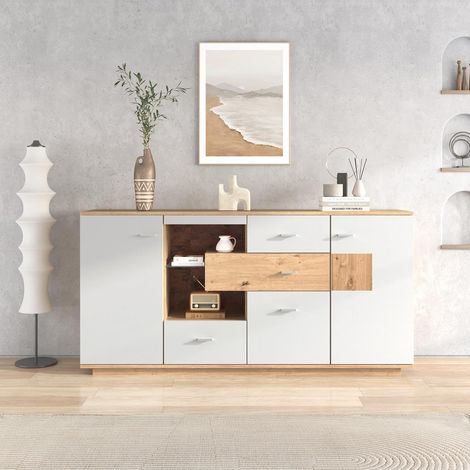 Buffet avec 2 Portes et 4 Tiroirs pour Salon - Étagère en Verre avec LED - 160x40x77 cm - Naturel et Blanc (1/5)