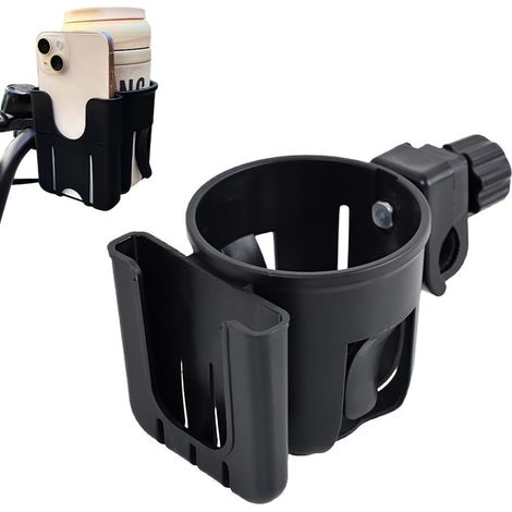 Cliquez pour voir en entier. Support universel pour vélo - Orientable à 360° avec porte-gobelet antidérapant, compatible avec vélo, poussette et fauteuil roulant - pour vélo mains libres, noir. (1/5)