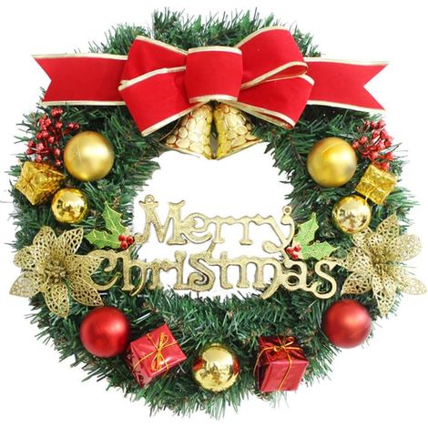 Corona navideña de 30 cm, decoración para puerta con cinta, campanillas, bolas doradas/rojas y mensaje "Feliz Navidad" - Decoración festiva para puerta, pared, chimenea (1/5)