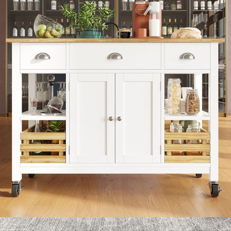 Îlot de cuisine blanc 120 x 45 x 90cm en bois multifonction, armoires et panier en pin pour rangement cuisine et salon