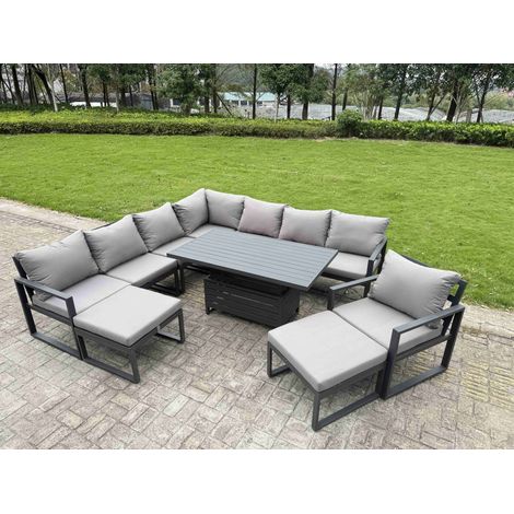 Fimous 10 Seater Aluminium Sofa Set 9 Pieces Outdoor Garden Furniture - Rising Dining Table with Cushions 2 Big Footstools Dark Grey (1/5)