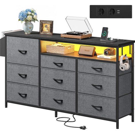 Kommode mit 9 Stoffschubladen, 40 LED-Lichteffekten, 2 USB & 2 Steckdosen (1/5)