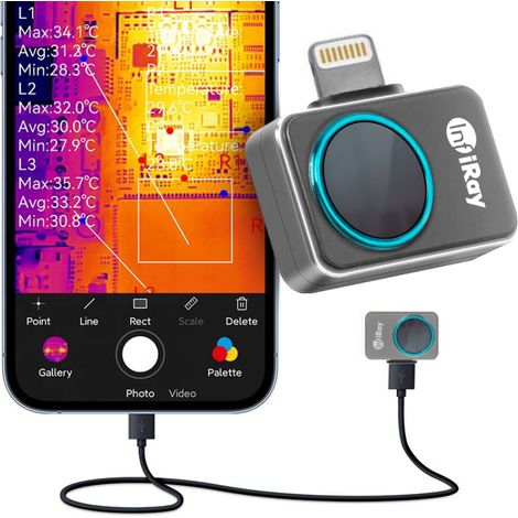 Termocamera InfiRay P2 PRO con pirometro e app di illuminazione per Apple iOS.