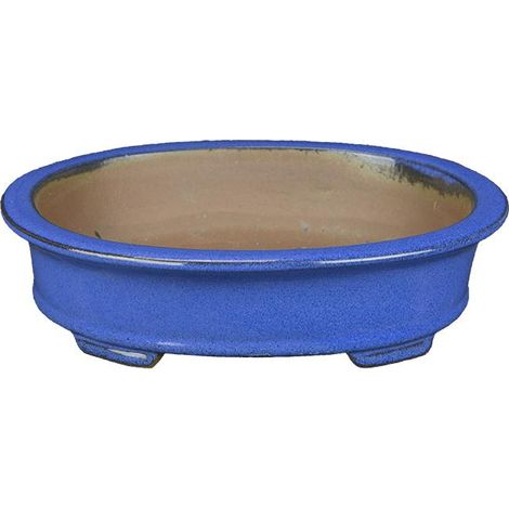 Vaso per bonsai ovale in gres smaltato blu 20x16x4 cm - YP36P