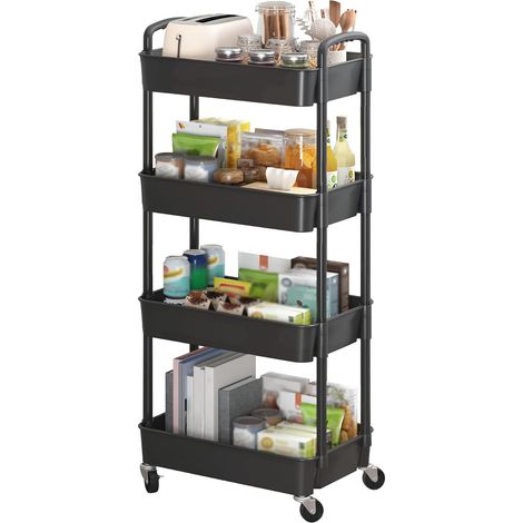 Chariot Roulant en Plastique 4 Couches, Chariot de Rangement Multifonctionnel, Bureau, Salon, Cuisine, boîte de Rangement Mobile avec Roues, 39 29 104cm, Noir (1/5)