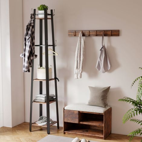 Stylish Slim Coat Rack with 8 Hooks and 4 Shelves for Small Spaces,Industrial Design,Sturdy Metal Frame,Easy Assembly,Safe and Secure