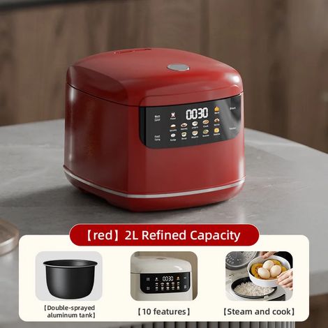 (Rouge) Cuiseur à riz intelligent 2L, peut cuire de la soupe, du porridge et de la vapeur, avec une fonction minuterie. (1/5)