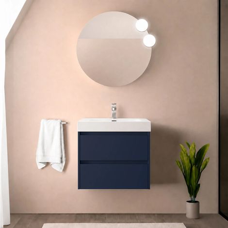 Mobile bagno sospeso 70 cm blu satinato con due cassetti e lavabo in resina Gaya (1/5)